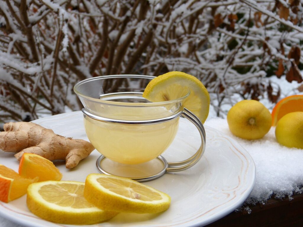 ginger, hot lemon, nature, tea, lemon, snow, juice, cold, defense, health, immune system, vitamins, healthy, flu, winter, prevent
